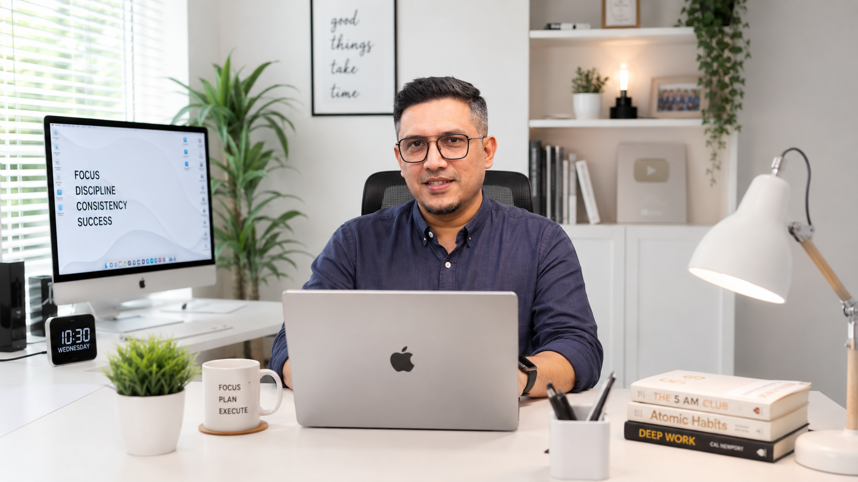 Emon Anam at his desk
